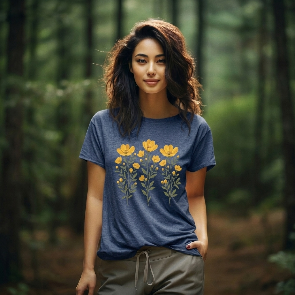 Golden Yellow Wildflower T-Shirt, Vintage Botanical Floral Tee - 14544