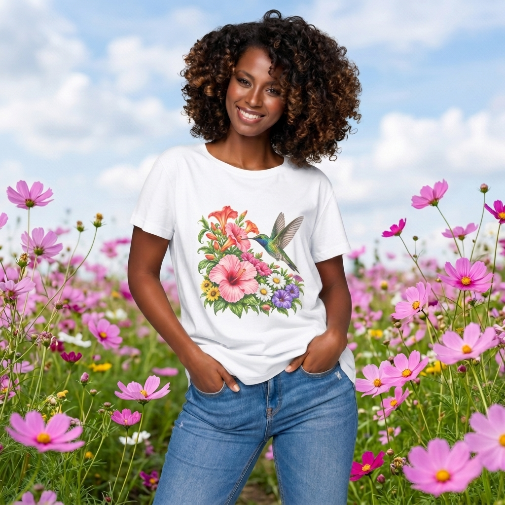 Hummingbird & Hibiscus T-Shirt, Colorful Tropical Floral Garden Tee - 14542