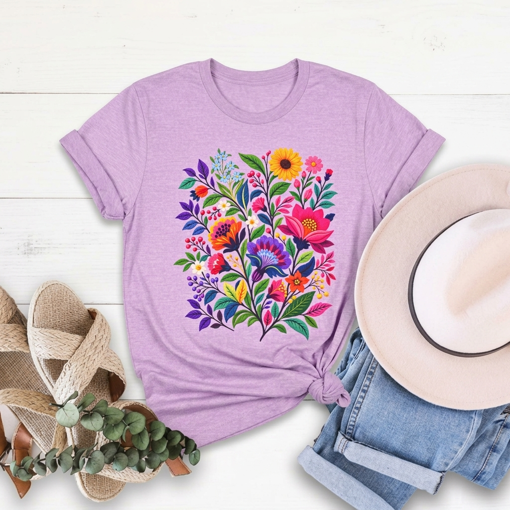 Bright Folk Art Floral T-Shirt, Colorful Flower Bouquet Tee - 14513