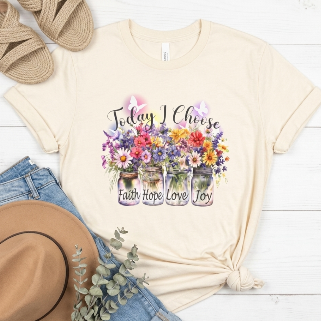 Today I Choose Faith Hope Love Joy T-Shirt — Inspirational Floral Graphic Tee - 14937