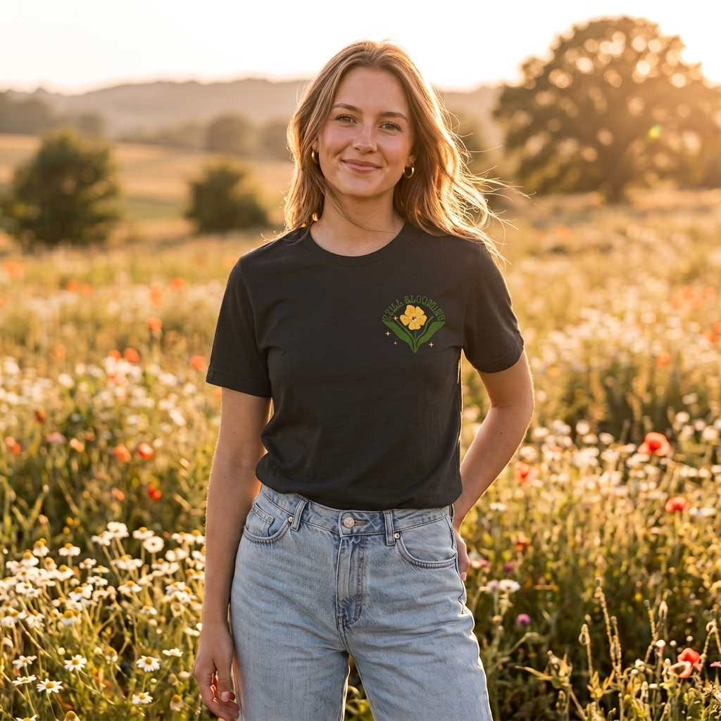Still Blooming Floral T-Shirt, Retro Yellow Flower Graphic Tee  - 14957