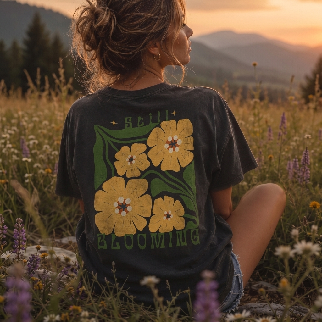 Still Blooming Floral T-Shirt, Retro Yellow Flower Graphic Tee  - 14957