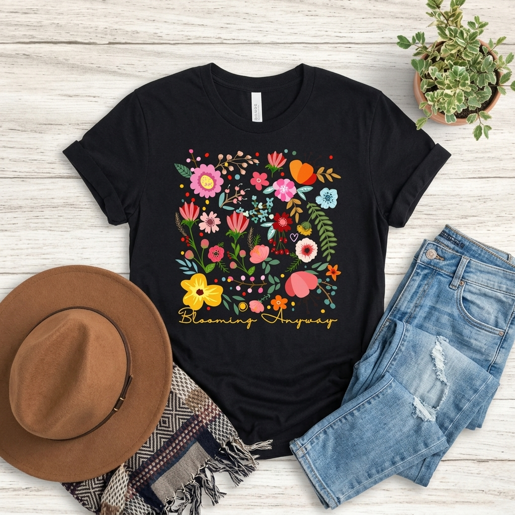 Blooming Anyway Floral T-Shirt, Colorful Wildflower Graphic Tee - 14967