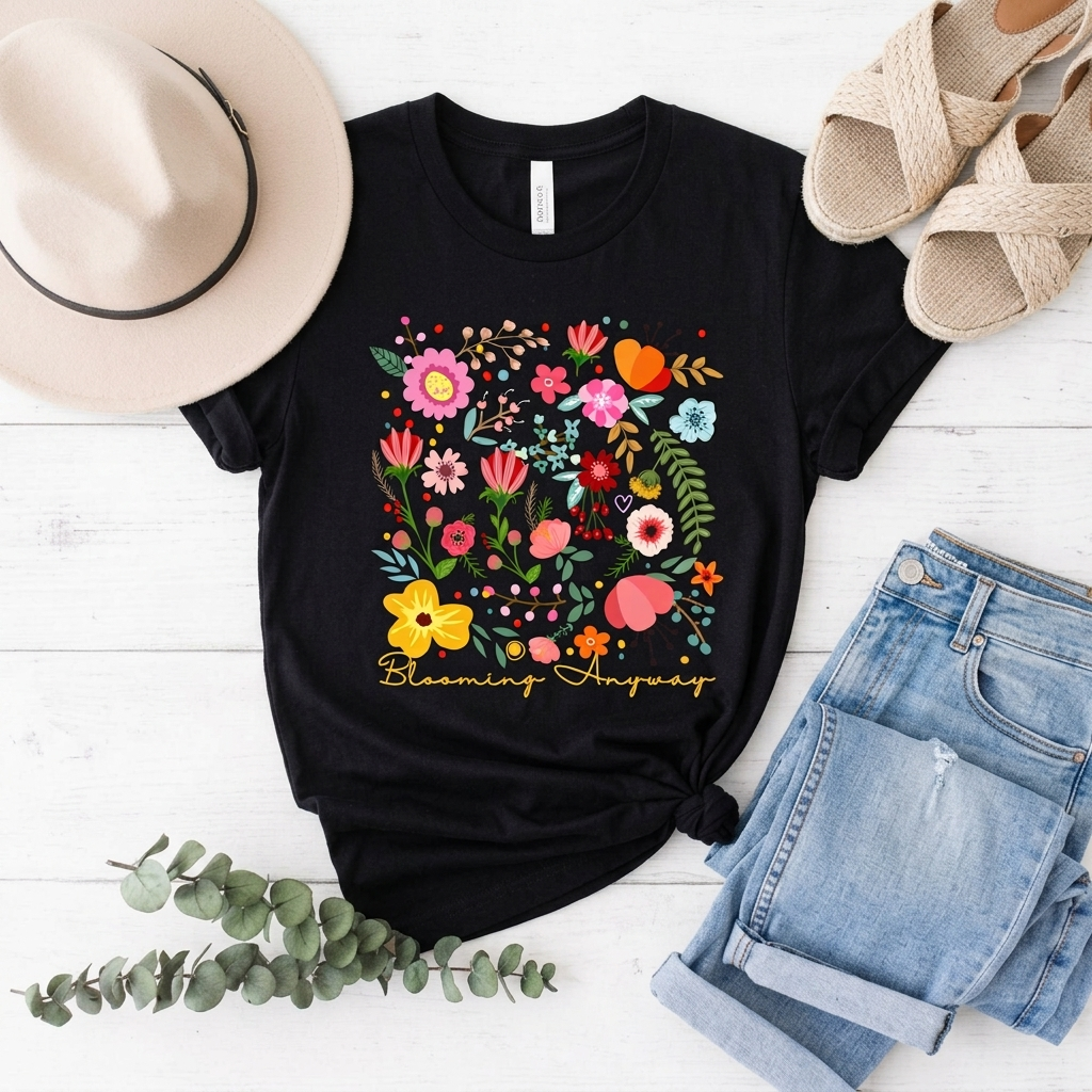 Blooming Anyway Floral T-Shirt, Colorful Wildflower Graphic Tee - 14967
