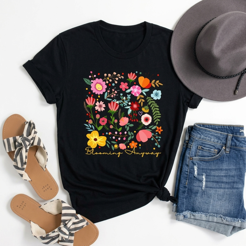 Blooming Anyway Floral T-Shirt, Colorful Wildflower Graphic Tee - 14967
