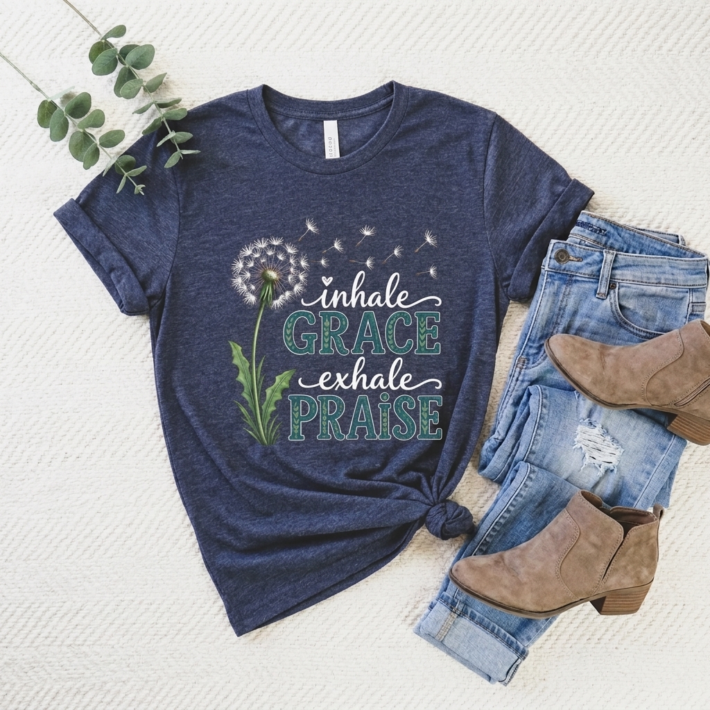 Inhale Grace Exhale Praise T-Shirt, Christian Faith Floral Tee - 14990