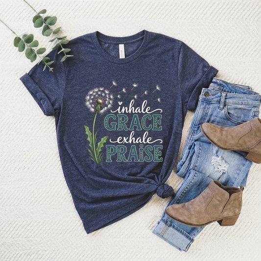 Inhale Grace Exhale Praise T-Shirt, Christian Faith Floral Tee - 14990