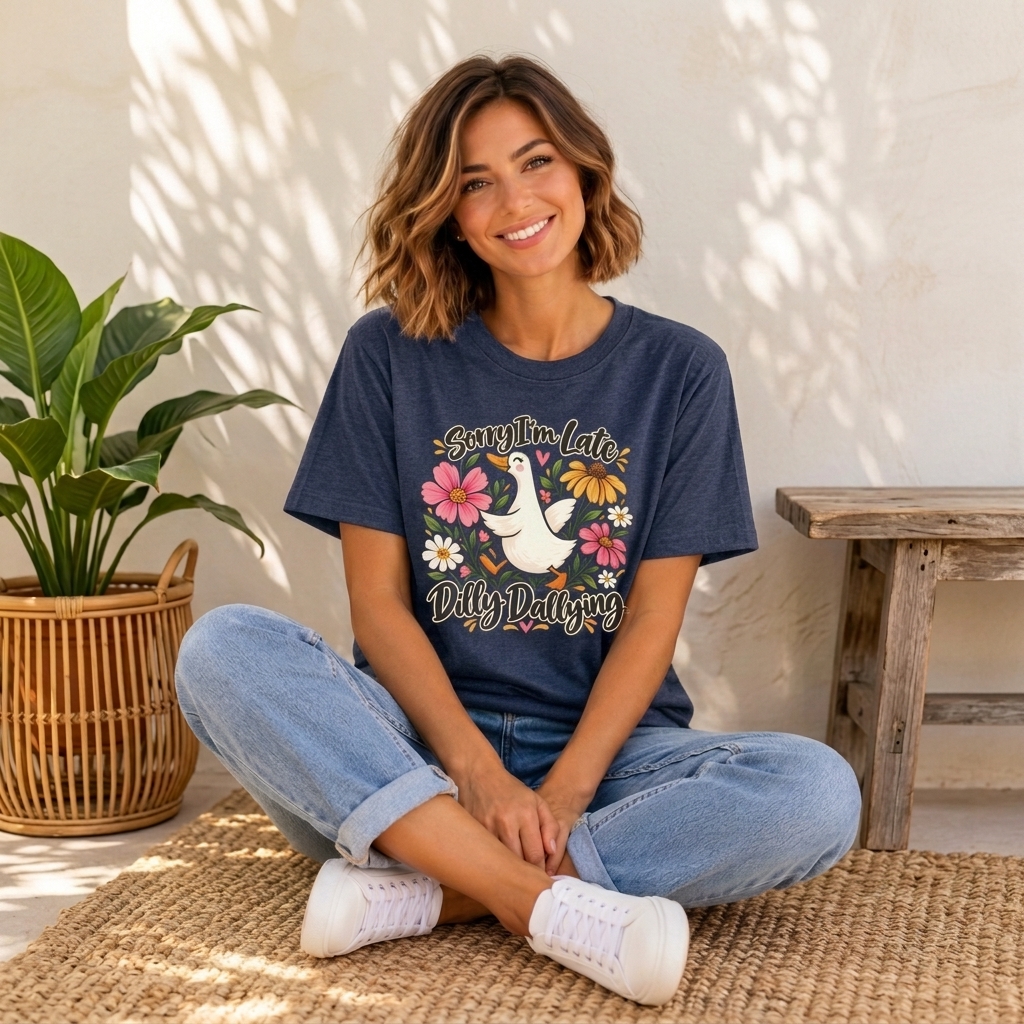 Sorry I’m Late Dilly Dallying T-Shirt, Cute Floral Goose Tee - 14998