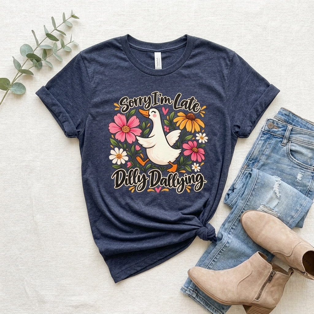 Sorry I’m Late Dilly Dallying T-Shirt, Cute Floral Goose Tee - 14998