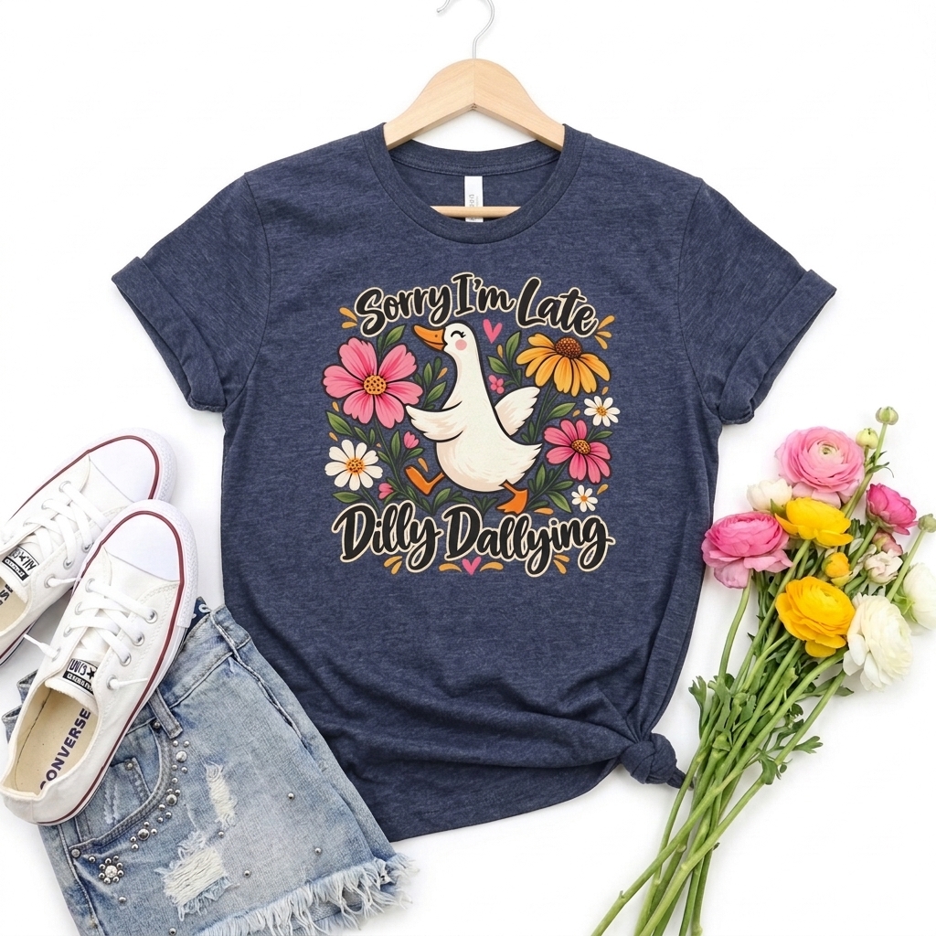Sorry I’m Late Dilly Dallying T-Shirt, Cute Floral Goose Tee - 14998