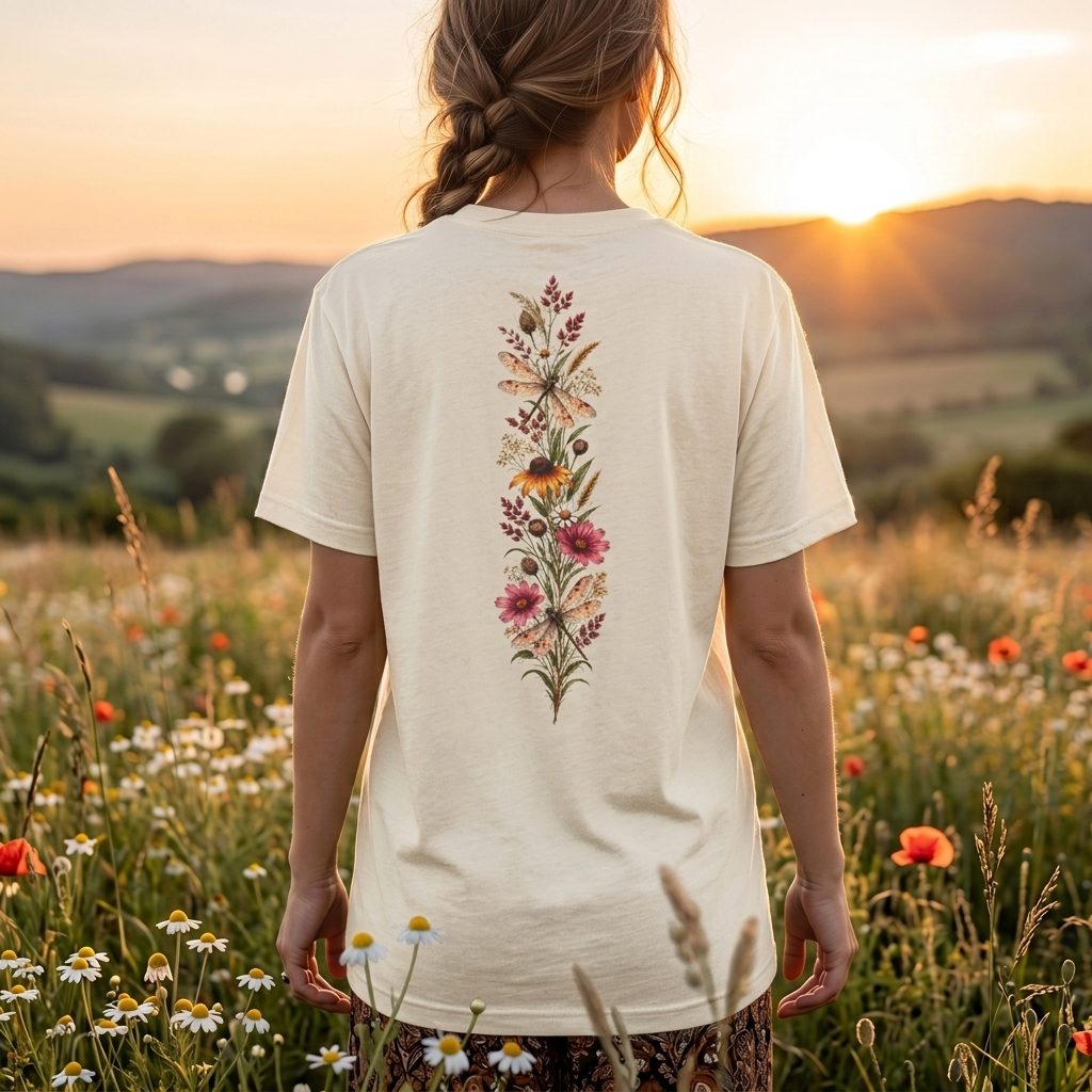 Vintage Wildflower & Dragonfly T-Shirt, Botanical Front & Back Tee - 14549