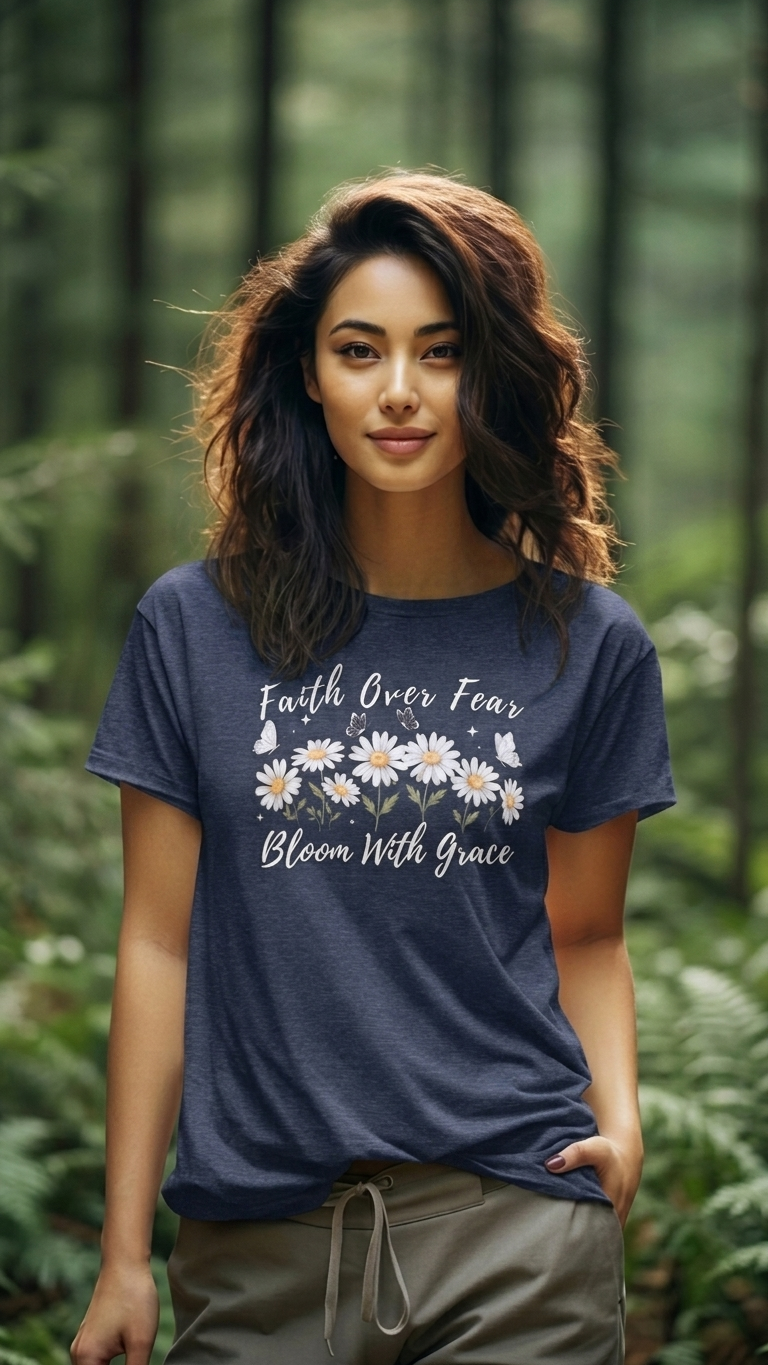 Faith Over Fear Daisy T-Shirt, “Bloom With Grace” Christian Floral Tee - 14951